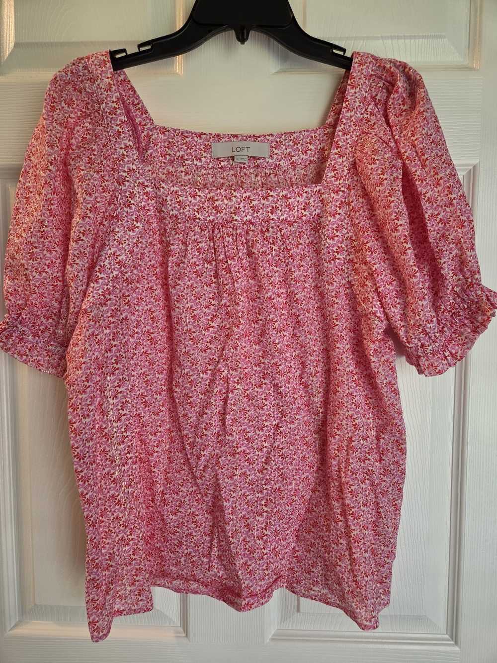 LOFT Pink Micro-Print Square Neck Puff Sleeve Top